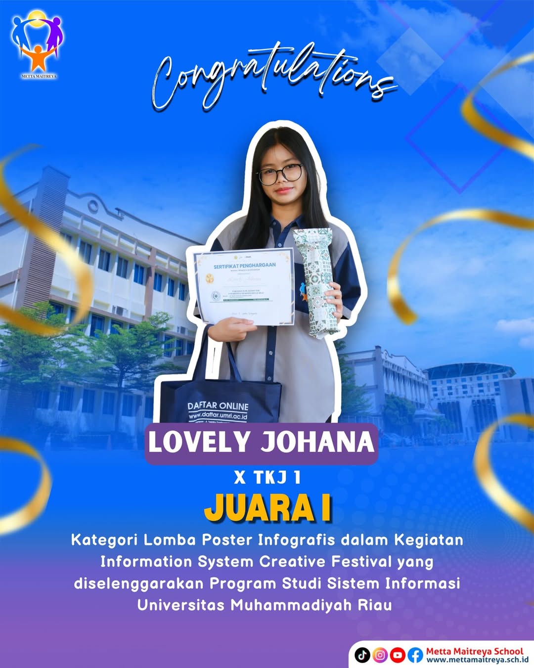 Prestasi dan Penyerahan Hadiah oleh Kepala Sekolah kepada Peserta Didik SMK Metta Maitreya yang telah meraih Juara I Kategori Lomba Poster Infografis dalam Kegiatan Information System Creative Festival